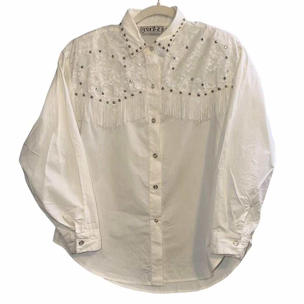 Vintage 70/80s White Fringe Studded Lace Button Up.‎ Quizz Size L Western